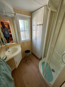 巴涅尔德比戈尔mobil-home cosy, calme, therme, aquensis, casino的带淋浴和盥洗盆的浴室