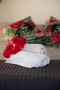 安加罗阿Maunga Roa Eco Lodge的床上的白色毛巾和红花