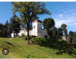 Castiglione OlonaAppartamento BELVEDERE的山丘上的一座建筑,田野里有一棵树