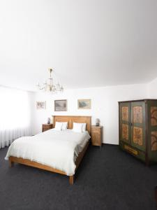 兰什克龙Penzion Jakub的一间卧室配有一张大床和一个吊灯。