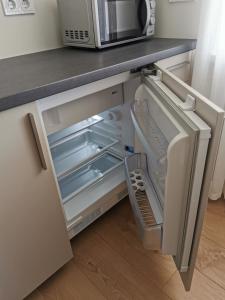 采西斯Cēsu apartamenti的厨房里设有冰箱,门开