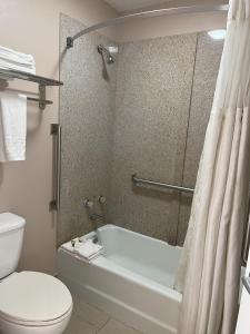 Parsons青松汽车旅馆的带浴缸、卫生间和淋浴的浴室。
