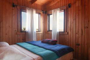 瓜纳切洛斯Ocho Aguilas Eco Lodge的一间卧室设有两张床和两个窗户。