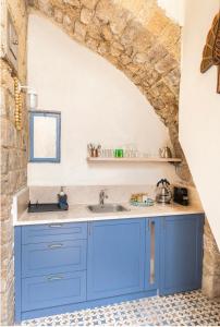 阿卡Napoleon with rooftop terrace的厨房配有蓝色橱柜和石墙