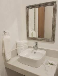 圣米格尔-德阿连德Hotel La Lejona的浴室配有盥洗盆、镜子和毛巾