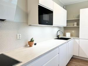 劳马Puumaja Penthouse的白色的厨房配有白色橱柜和水槽