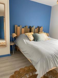 阿卡雄Bel Apt neuf - HyperCentre 400m Plage-Pkg-Wifi-T3的一间卧室设有一张蓝色墙壁的大床