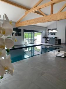 RémelfingL’Antre d’Eux的厨房和带游泳池的客厅