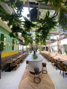 塔古玖Renato HOUSE的一间设有桌椅的餐厅,以及一间种植了植物的桌子