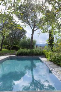拉达-因基安蒂Pieve Aldina Relais & Châteaux的树木繁茂的庭院中的一个游泳池