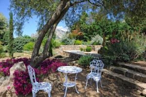 萨尔泰纳Chambre d'Hôtes Domaine Pero Longo的花园里种有鲜花,配有两把椅子和一张桌子