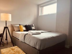 利兹Captivating 2-Bed Skyview Apartment in Leeds的卧室配有带枕头的床铺和窗户。