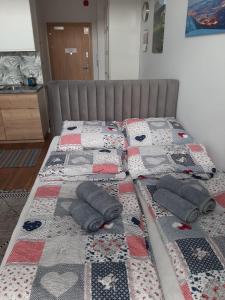 弗罗茨瓦夫Aparta Lotnisko的卧室内的两张床,床上有被子