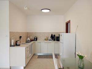 亚实基伦Agamim Park Residence的厨房配有白色橱柜和冰箱。