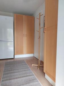 克里斯蒂娜城Lönngården的厨房配有木制橱柜和白色冰箱。