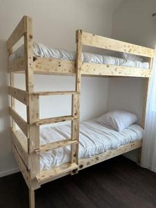 coutancesVilla Jacqueline的一张带梯子的木制双层床和一张双层床