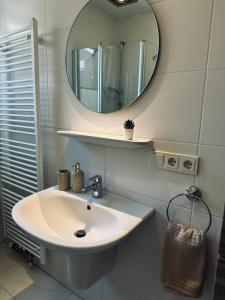 诺德霍恩FeWo Am Ring - mit Terrasse的一间带水槽和镜子的浴室