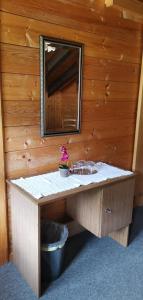 上盖斯特尔恩B&B Pension Lärch的浴室设有水槽和木墙镜子