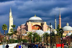 伊斯坦布尔Maranda Suit Hotel的一座城市中带有圆顶和清真寺的建筑