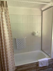 维库尼亚Casa Amatista Travels的带浴缸和淋浴帘的浴室