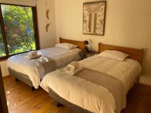 维库尼亚Casa Amatista Travels的带窗户的客房内的两张床