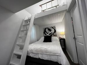 马修斯The Double Door Inn - Unit 1的客房内的白色双层床,带梯子