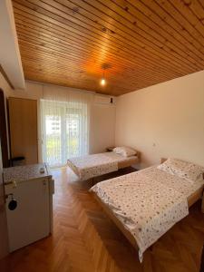 乌尔齐尼Summer Sky的客房设有两张床和木制天花板。