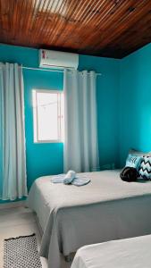 戈亚斯州上帕莱索Cantinho Santiago的卧室设有蓝色的墙壁、一张床和一个窗户