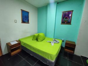 伊基托斯SELVA VIVA IQUITOS的一间设有绿床的房间,上面有猫