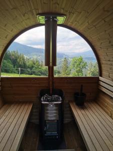 Gornji GradApartments Petek的窗户的客房享有燃木火炉的内部景致。