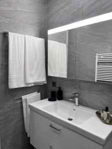 蒙特勒Montreux Luxury Suite的浴室配有盥洗盆、镜子和毛巾