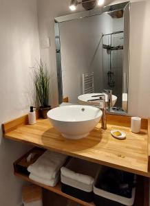 Parçay-les-PinsLe Clos des Roses的木制柜台上配有大型白色碗水槽的浴室