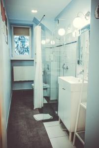 卢布林cdn Pokoje的带淋浴、卫生间和盥洗盆的浴室