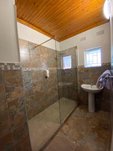 察嫩Magoebaskloof Mountain Lodge的带淋浴和盥洗盆的浴室