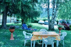 卡尔切拉尼卡阿拉戈Al Sole di TSS' - Cozy Apartment a 20 Metri dal Lago di Caldonazzo - Perfetto per coppie a Calceranica al Lago的树木繁茂的院子内的桌椅