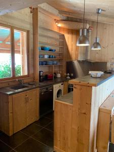 热拉梅LES BALCONS DU PHENY LE REFUGE的厨房配有木制橱柜、水槽和炉灶。