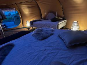 IdestrupRomantic Luxus Glamping 3的一间帐篷内带两张床的卧室