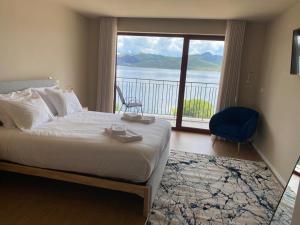 蒙塔莱格里Belas Vistas Hotel的一间卧室设有一张床和一个美景窗户。