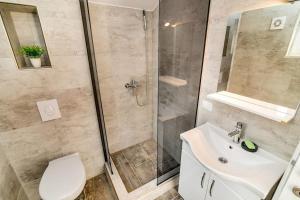比耶拉Bright Apartment的带淋浴、卫生间和盥洗盆的浴室