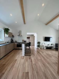 EnschFerienwohnung "Moseltraum" Ensch的开放式厨房和客厅铺有木地板。