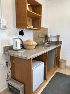 努韦巴Cozy farm studio的一个带柜台和水槽的小厨房