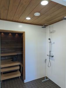 TeijoKartanonrinteen Amanda的带淋浴的浴室和木制天花板