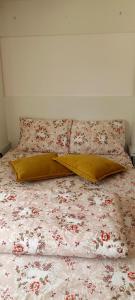 普卢日内Apartment Lake story的床上有两张黄色枕头