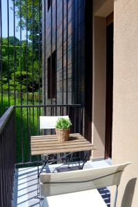 都灵A due passi dal Centro & Parcheggio Gratuito的阳台的天井桌子上放着盆栽植物
