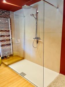 Grez-DoiceauBourgogne en Grez的一间房间里带玻璃门的淋浴