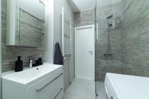 贝尔格莱德Belgrade CITY CENTER Apartments的浴室配有白色水槽和淋浴。