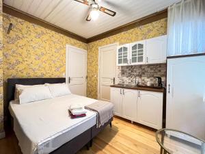 伊斯坦布尔Mimoza Guesthouse的一间带床的小卧室和一间厨房