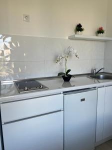 乌尔齐尼Rasi Luxury Apartments的厨房配有水槽和白色台面