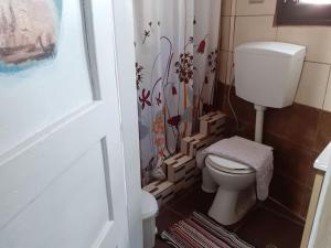 桑加拉达Ξυλοπετρα / Wood & stone house的浴室设有卫生间,地板上设有箱子