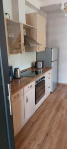 克桑滕Parva Domus的厨房铺有木地板,配有白色橱柜。